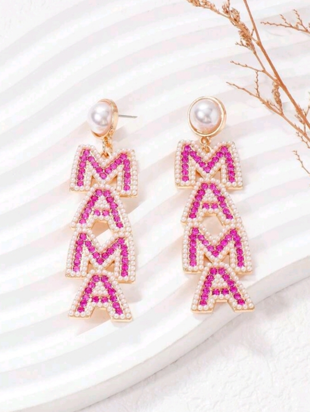 MAMA Pink Crystal Rhinestone Faux Pearl Beads Drop Dangle Earrings Mom Gift